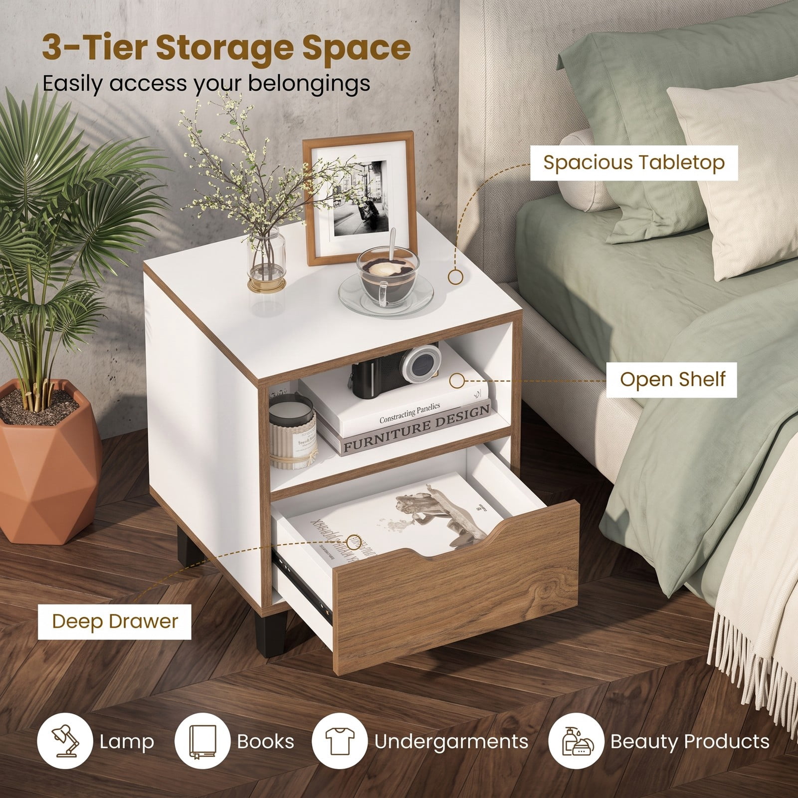 Furnibear Nightstand Set of 2 with Drawer and Open Storage Shelf for Bedroom Living Room and Small Spaces, White and Natural