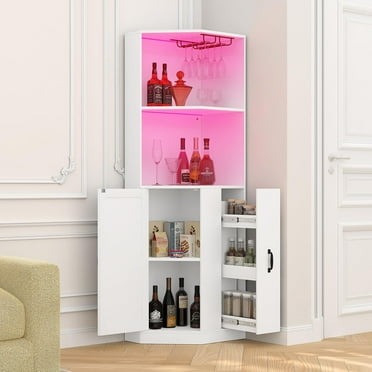 Winkalon 4-Tier Corner Bar Cabinet with LED Lights, Glass Holder, & Wine Rack, White