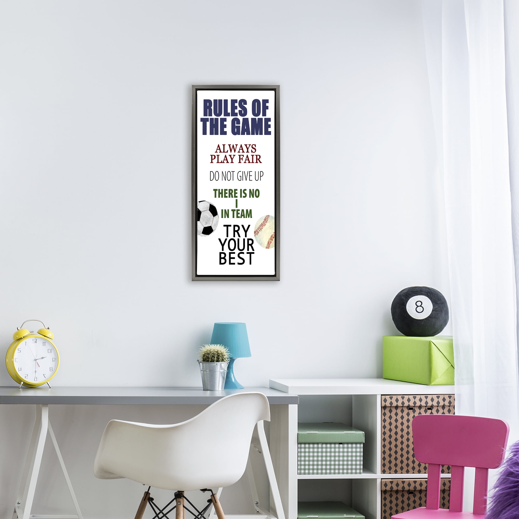 Fun Teamwork Rules of Game Gray Framed Floater Canvas Wall Art, design by Kim Allen