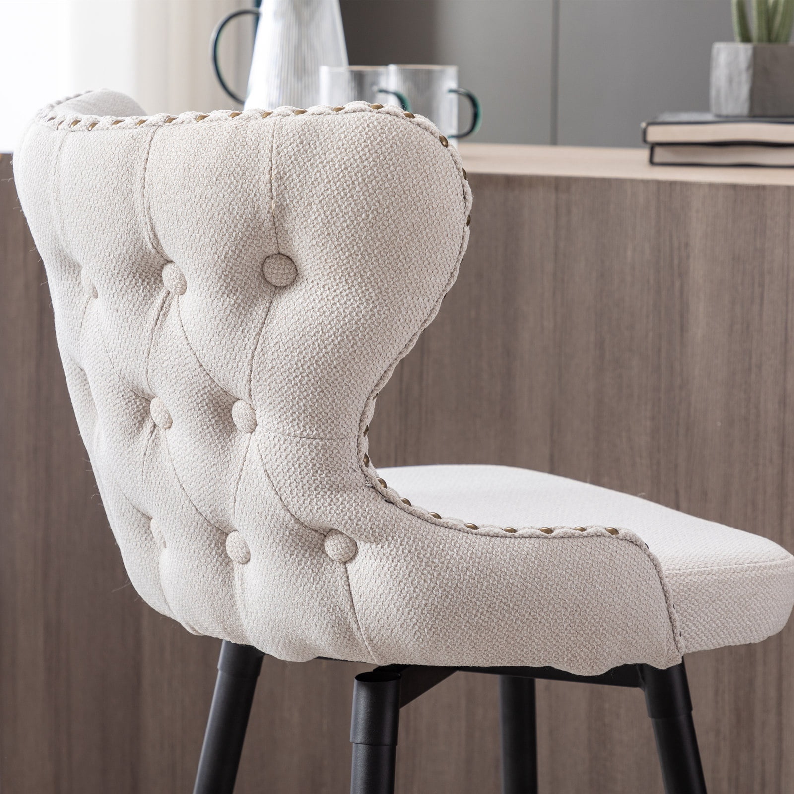 PORKISS Bar Stools Set of 2, 180° Swivel Bar Stool Chair, Modern Linen Bar Chairs for Home and Kitchen Counter, Beige