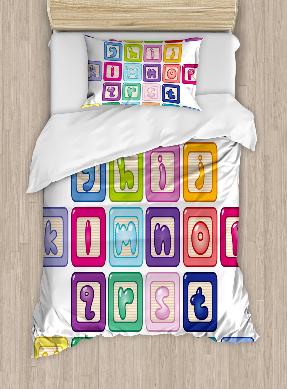 Kids Quilted Bedspread & Pillow Shams Set Cute Letters Alphabet ABC Print 