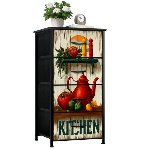 Dresser for Bedroom with 4 Storage Drawers Rustic Kitchen Vintage Farmhouse Food Teapot Pepper Tomatoes Salt Dressers Chest of Drawers Steel Framed Fabric Closet Organizers for Entryway