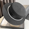 thumbnail image 2 of Women's Straw Boater Hat Elegant Flat Top Sun Hat with Pearl Tie & Satin Band Wide Brim Summer Beach Hat for Travel, 2 of 4