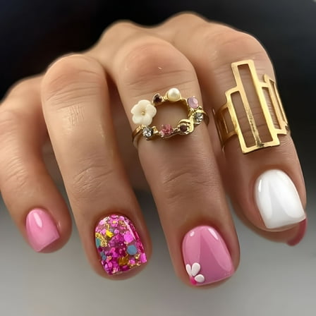 RAGUPEL Extra Short Fake Nails Pink Petite Press on Nails Spring False Nails with Floral Designs Glitter Full Cover Acrylic Nails Cute Glue on Nails Gloss Artificial Nails for Women