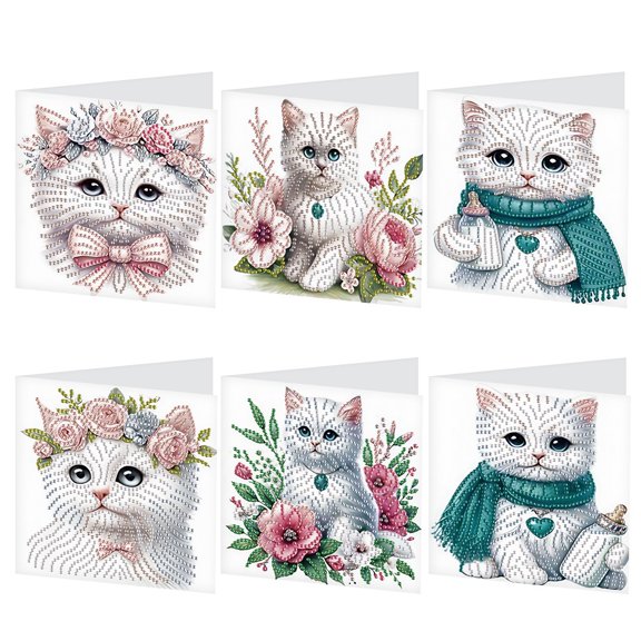 6pcs Diamond Painting Kit Greeting Card, White Cat 5D DIY Diamond Handmade Holiday Greeting Card with Envelope, Christmas Gift Congratulation