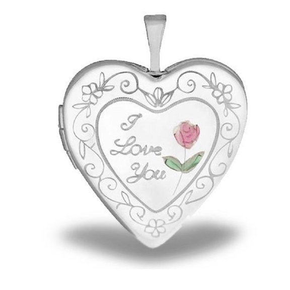 Picturesongold.Com Sterling Silver "I Love You - Rose" Heart Locket Necklace Pendants - 3/4 inch x 3/4 inch