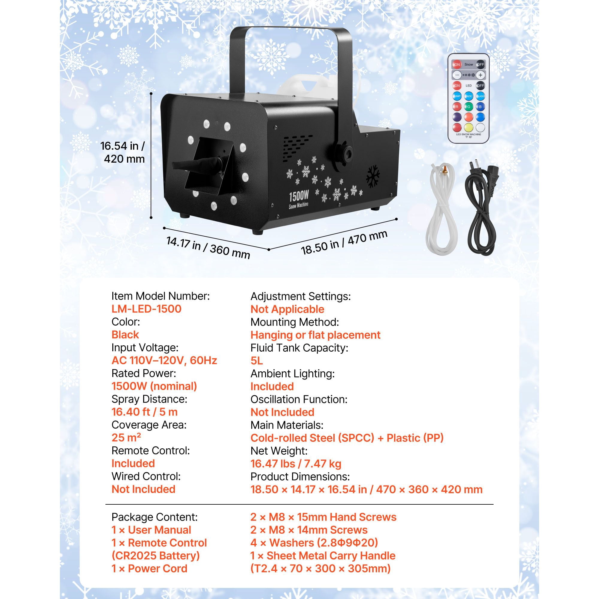 1500W Snow Machine with RGB DMX512 Signal Control, 9 LED Lights, Wireless Remote, High Output Snowflake Machine with 5L Tank, Portable DJ Stage Snow Maker for Christmas Parties Stage Effects