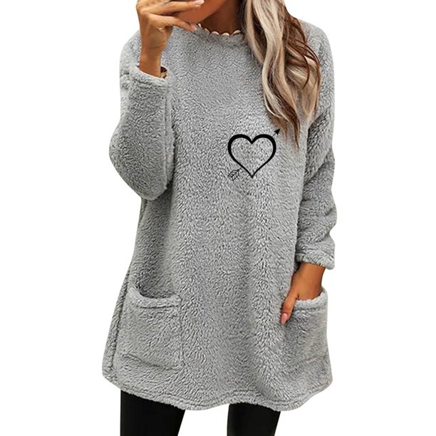 Gibobby Divertidas Sudaderas Sudadera casual de manga larga con cuello redondo de felpa de otoño o invierno para mujer con bolsillo (Gris, XL)