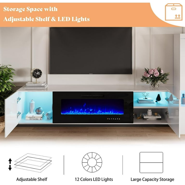 White floating tv sale stand with fireplace