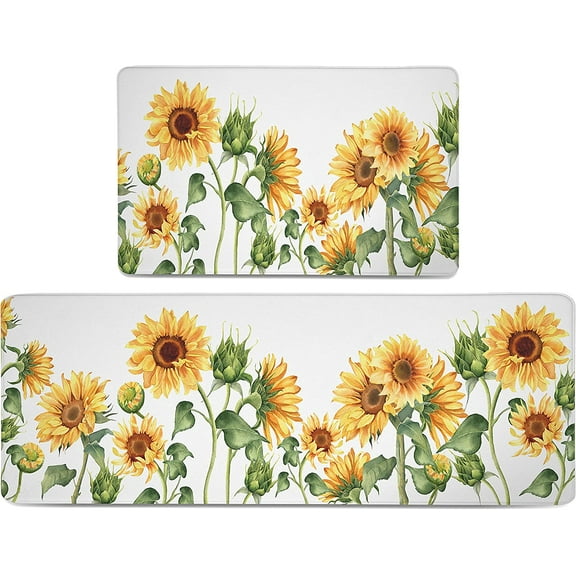 Sunflower Kitchen Rugs Mats Set of 2 Anti Fatigue Farmhouse Sunflower Kitchen Rug for Floor Washable Kitchen Rugs Non-Slip Waterproof Memory Foam Cushioned Comfort Standing Mats 17.3x28 17.3x47 Inch