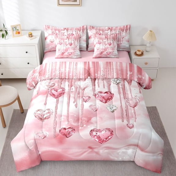 Castle Fairy Pink Love Heart Twin Bedding Sets,Bling Crystal Bedding Comforter Set