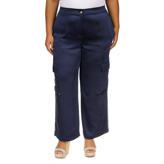 Michael Kors Womens Satin Casual Cargo Pants, Blue, Plus Size, 2X