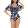 thumbnail image 1 of Liacowi Women One-Piece Swimsuit Print Bikini Short Sleeve Off-Shoulder Swimwear Bathing Suit Beachwear, 1 of 7