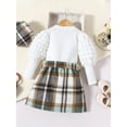 thumbnail image 3 of Liacowi Toddler Girl's Autumn 3 Piece Outfits Long Puff Sleeve Ribbed Tops Button Belted Plaid Skirt Beret Set, 3 of 9