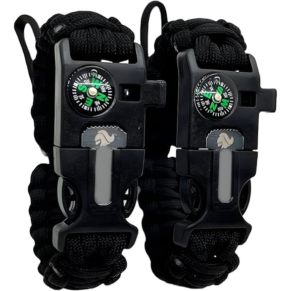 BESTSKY 2 Pk Black Paracord Survival Bracelet Compass Whistle Fire Starter Hiking Gear Camping Fishing Hunting Men Women Kids