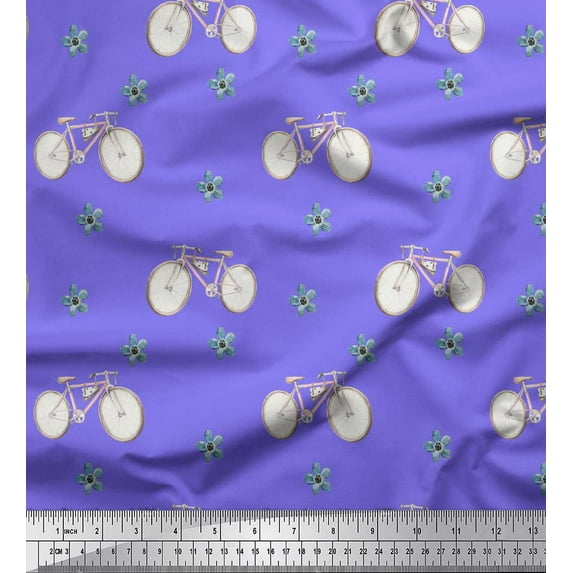 Soimoi Purple Silk Fabric Bicycle & Floral Transport Printed Fabric 1 Yard 44 Inch Wide