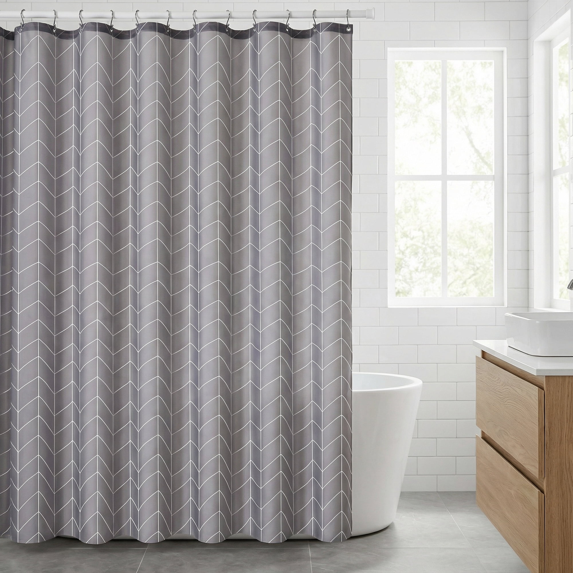 Unique Bargains Waterproof V-Stripe Shower Curtain Sets with 12 Hooks Grey 71"W x 71"L