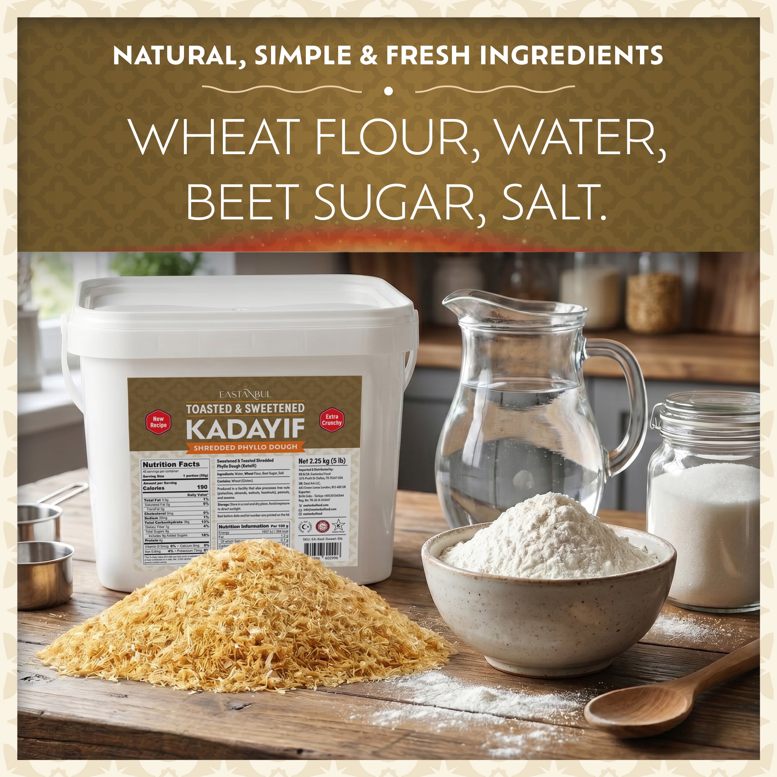 Eastanbul Baked Kataifi, Extra Crunchy, Sweetened with Sugar Syrup, Baked Kadayif for Dubai Chocolate, Roasted Kadayif, New Recipe Toasted Katifi, Katafi̇, Knafeh, Kosher by Star-K, Halal, 5lb