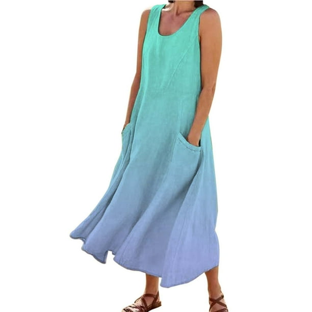 Vestido largo informal de verano con cuello redondo y estampado degradado para mujer
