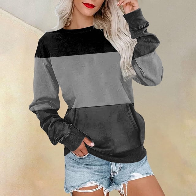 Meichang Chandails en Molleton Légers pour Femmes Col Rond Manches Longues Chandail Décontracté Tendance à Blocs de Couleur Automne avec Poches