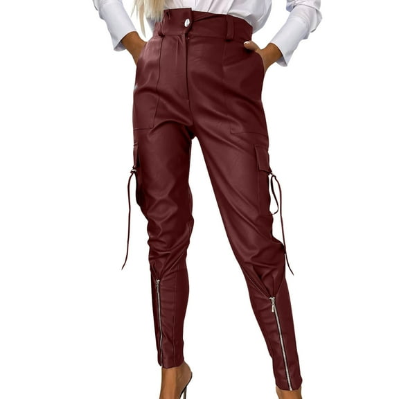 BLVB Women's PU Leather Pants High Waist Zipper Goth Leather Pants Legging Trousers Clubwear with Pockets