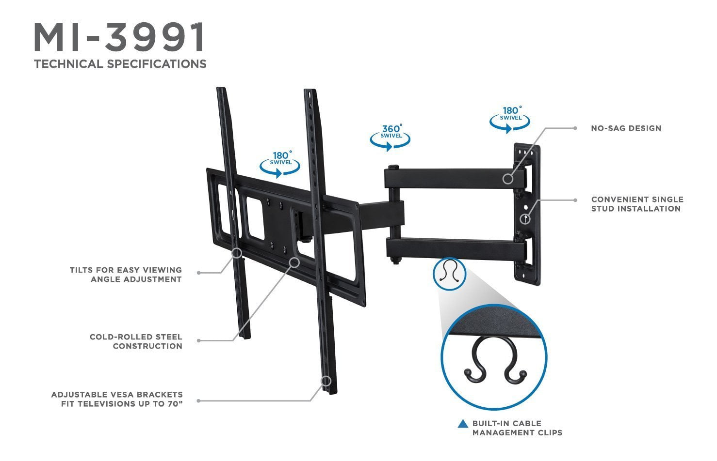 Mount-It! Full Motion TV Wall Mount, 17" Extension, Fits 37" to 70" TV's, Capacity 77 lbs., Heavy Duty