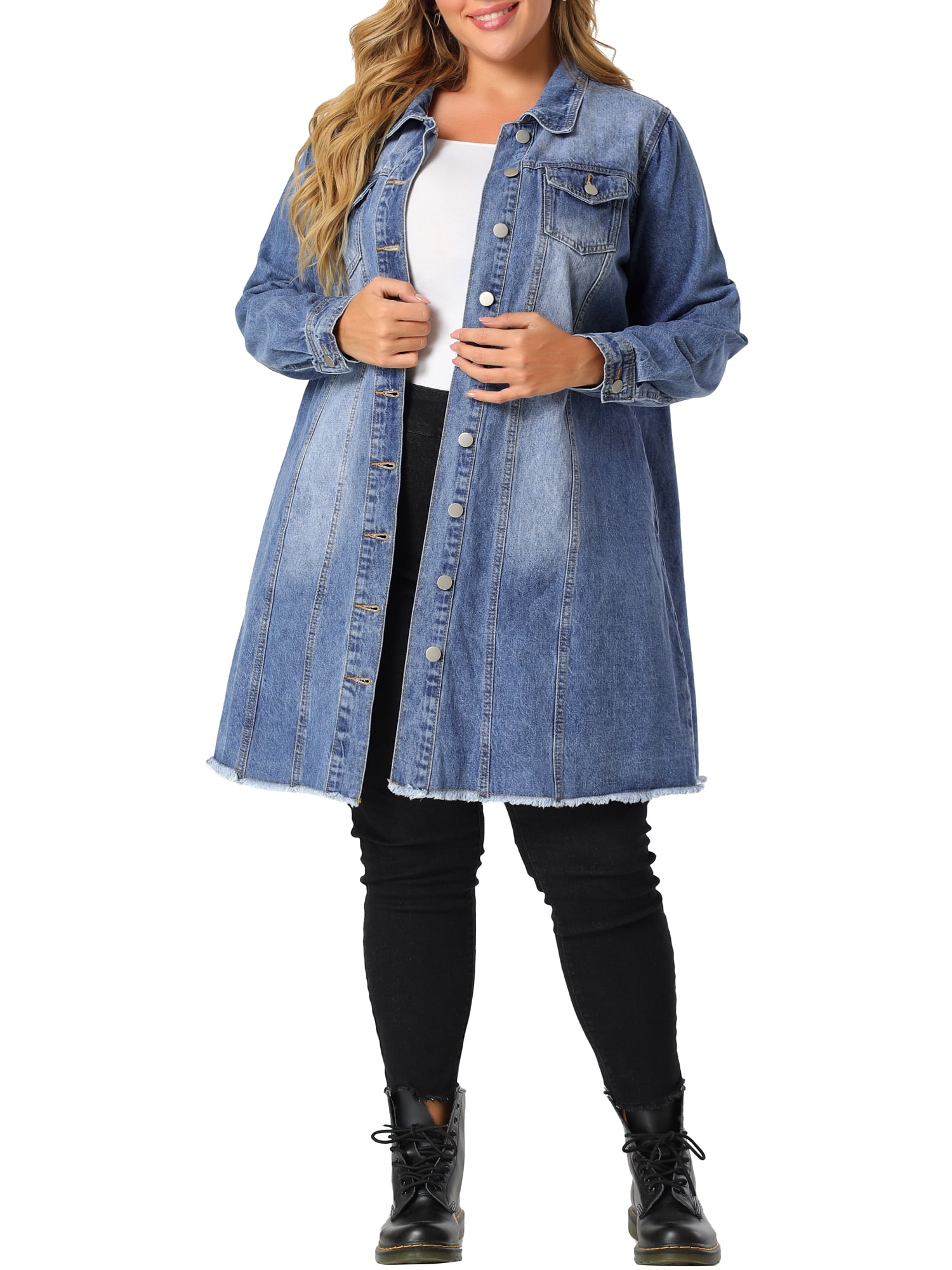 Unique Bargains Women's Plus Jeans Long Sleeve Long Denim Jackets