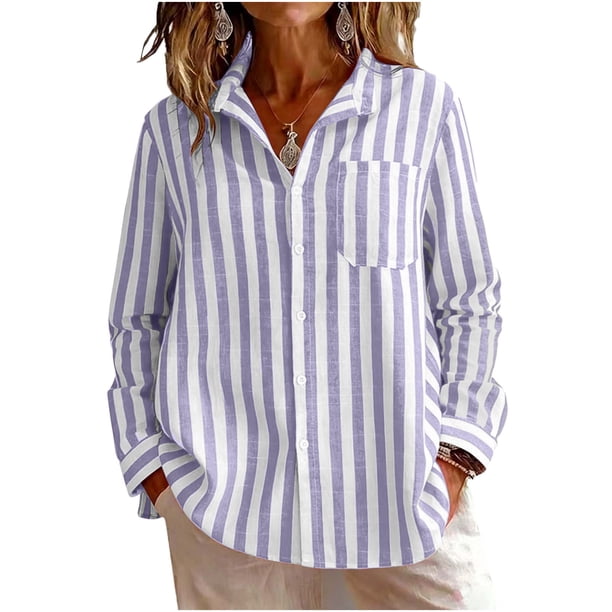 Camisa de Manga Larga Casual de Flanela con Rayas, Blusa de Bolsillo Delantera de Cuello Girado para el Uso Diario, Camisas de Malla de Manga Larga de Mujeres Embarazadas