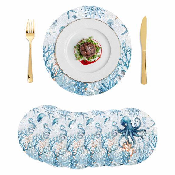 Round Placemats Octopus 15 inch Set of 6 Table Mats for Dining Table Ocean Sea Starfish Coral Heat Resistant Non-Slip Kitchen & Home Decorative Place Mat Set