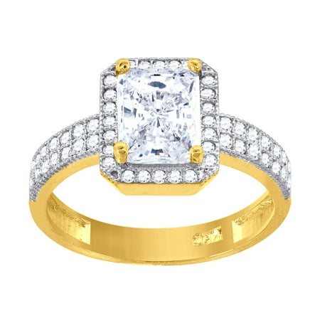 14k 14kt Gold Womens Two-Tone Cz Emerald-Cut Center Stone Wedding Engagement Band Ring