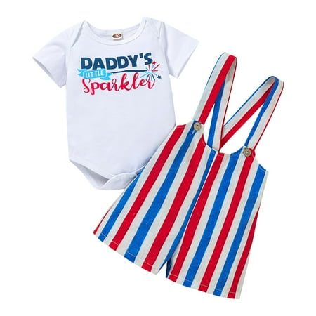 

TAIAOJING Toddler Baby Girl Outfit Summer Kids Independence Day Print Short Sleeve Top Striped Overalls 2 Piece Set Kids 4 Of July Suit 6-9 Months