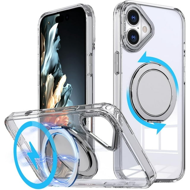 KOMI Étui Anneau Magnétique pour iPhone 16 Plus, Compatible avec MagSafe avec Support Anneau à 360°, Étui de Protection Antichoc pour iPhone 16 Plus Transparent