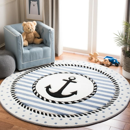 SAFAVIEH Carousel Kids Kennet Anchor Area Rug Ivory/Navy 3 x 3 Round