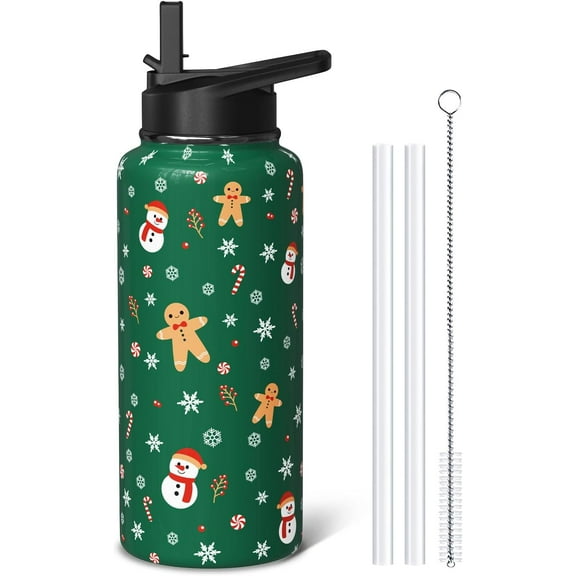 Christmas Greeen Gingerbread 32oz Sport Water Bottles with Flip Straw & Spout Lid, Xmas Snowman Stainless Steel Travel Cup, Winter Holiday Gifts for Women Men (1 PC)