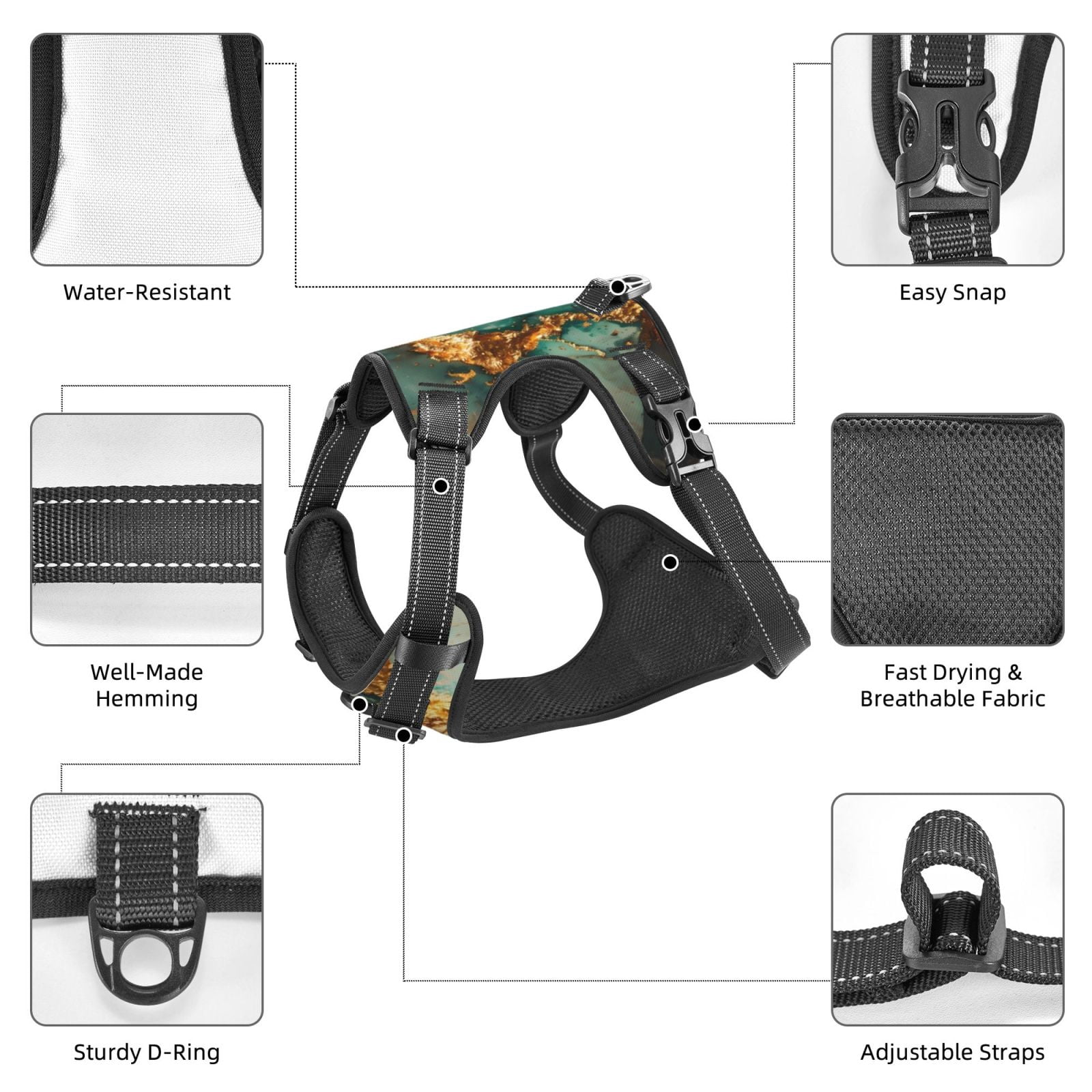 Fuzoiu Emerald Color Gold Marble Print Reflective Dog Harness,Adjustable, Breathable Pet Vest,Dog Harness No Pull,No Choke Pet Vest for Small, Medium, and Large Dogs-Medium