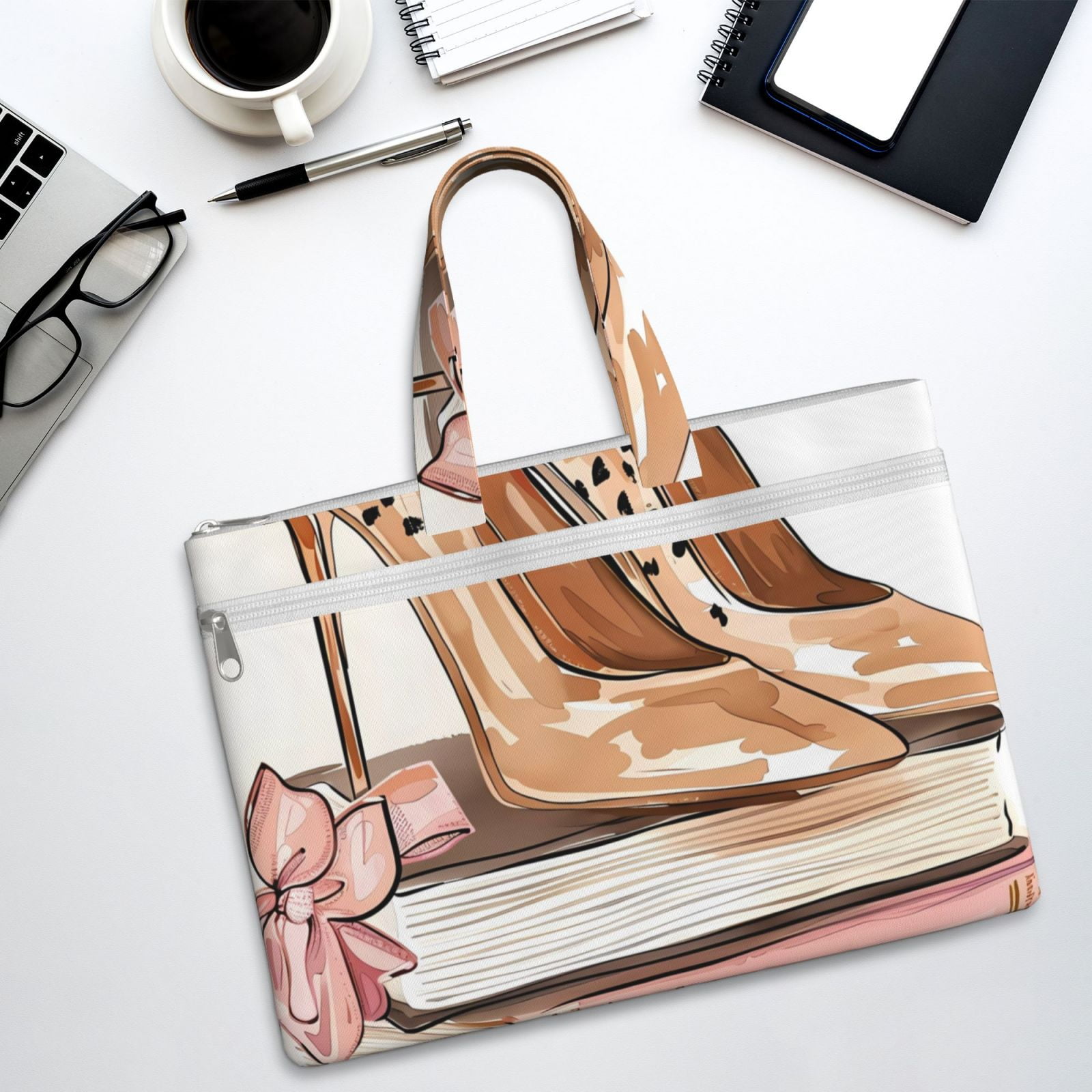 Kdxio Stylish High Heels On Books File Tote Document Bag Business Briefcase Bag Document Organizer Tote Briefcase for Letter A4 Files Business Teacher Office Bag