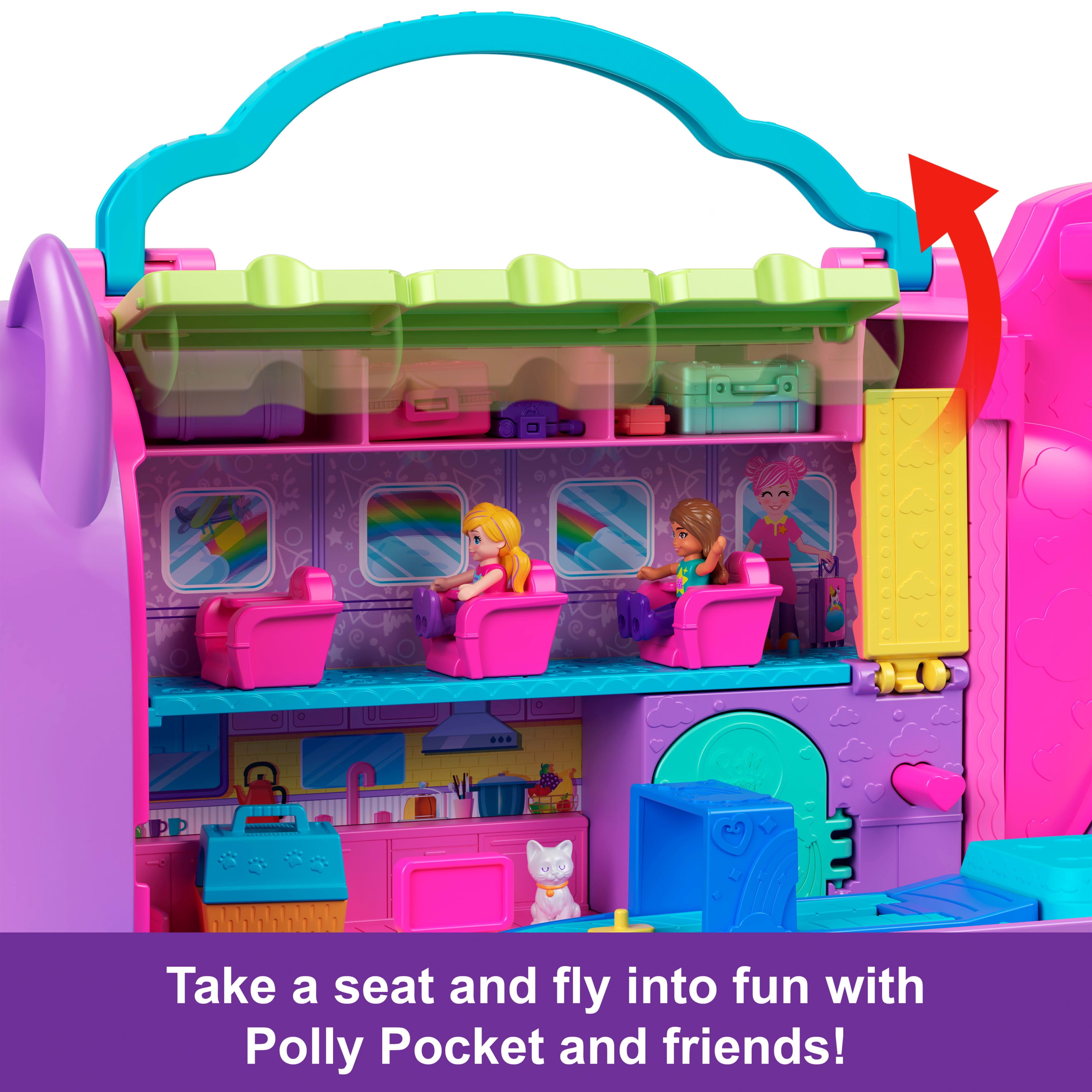 Polly Pocket Kitty Airways Playset with 2 Micro Dolls and Pet, Airplane Travel Toy with Accessories