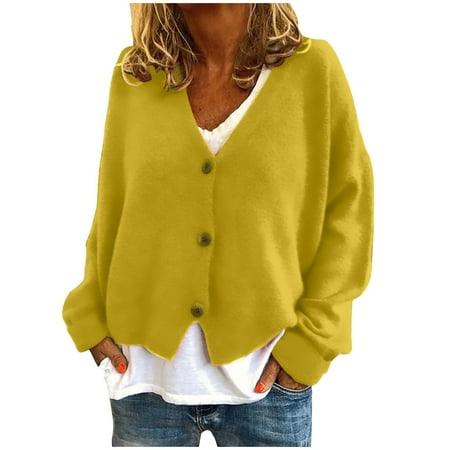 

Womens Solid Color Cardigans Casual Long Sleeve Button Up Cable Knit Sweater Coat V-neck Slouchy Comfy Oversize Plus Size Loose Outwear
