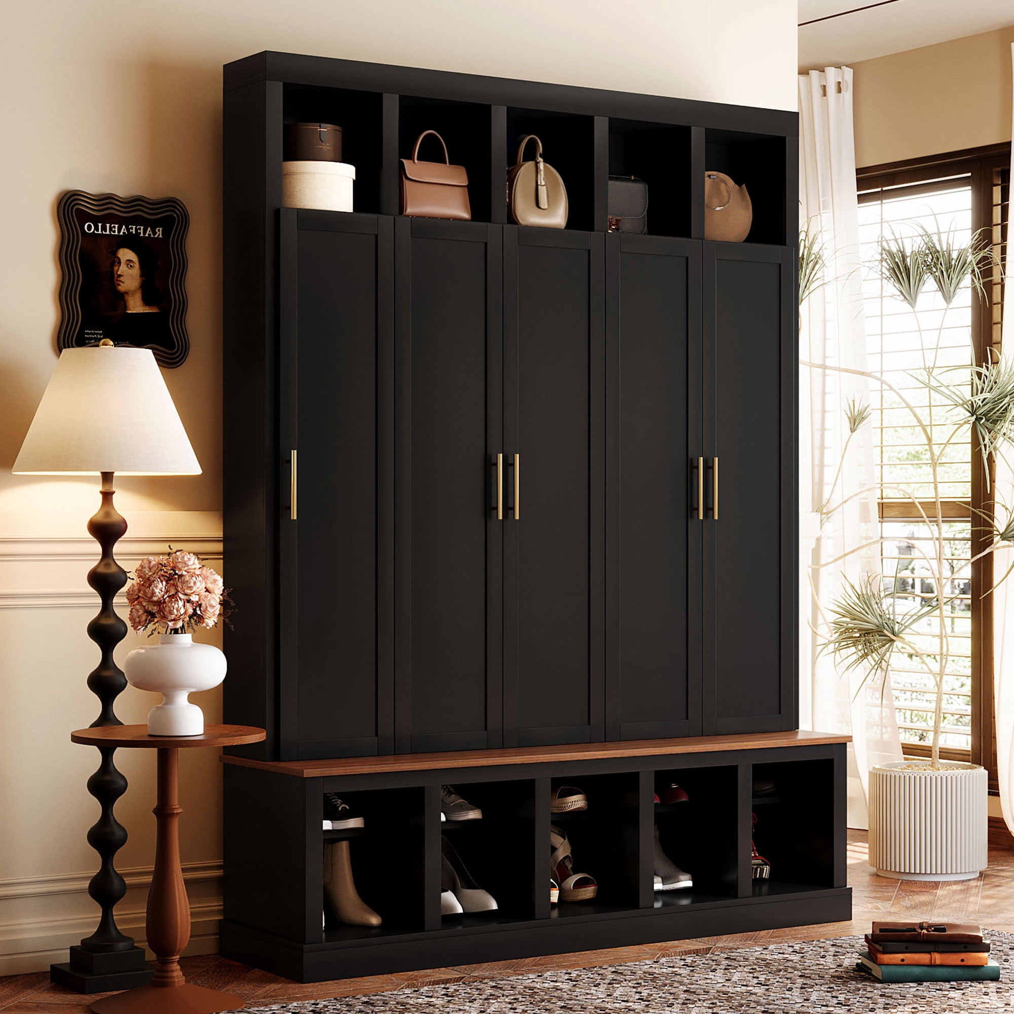HOQBN Farmhouse Hall Tree Entryway Storage Cabinet Coat Closet with Shoe Rack & Display Cubbies, All-in-One Hallway Organizer with Hanging Wardrobe & Shoe Storage,Black