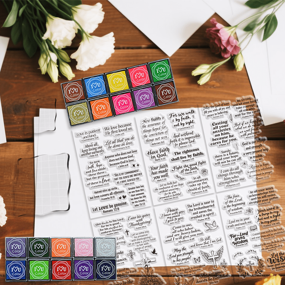 3Pcs 3 Styles Bible Theme Acrylic Stamping Blocks Tools 6Pcs PVC Plastic Stamps 20 Colors Plastic Craft Finger Ink Pad Stamps Set Mixed Shapes