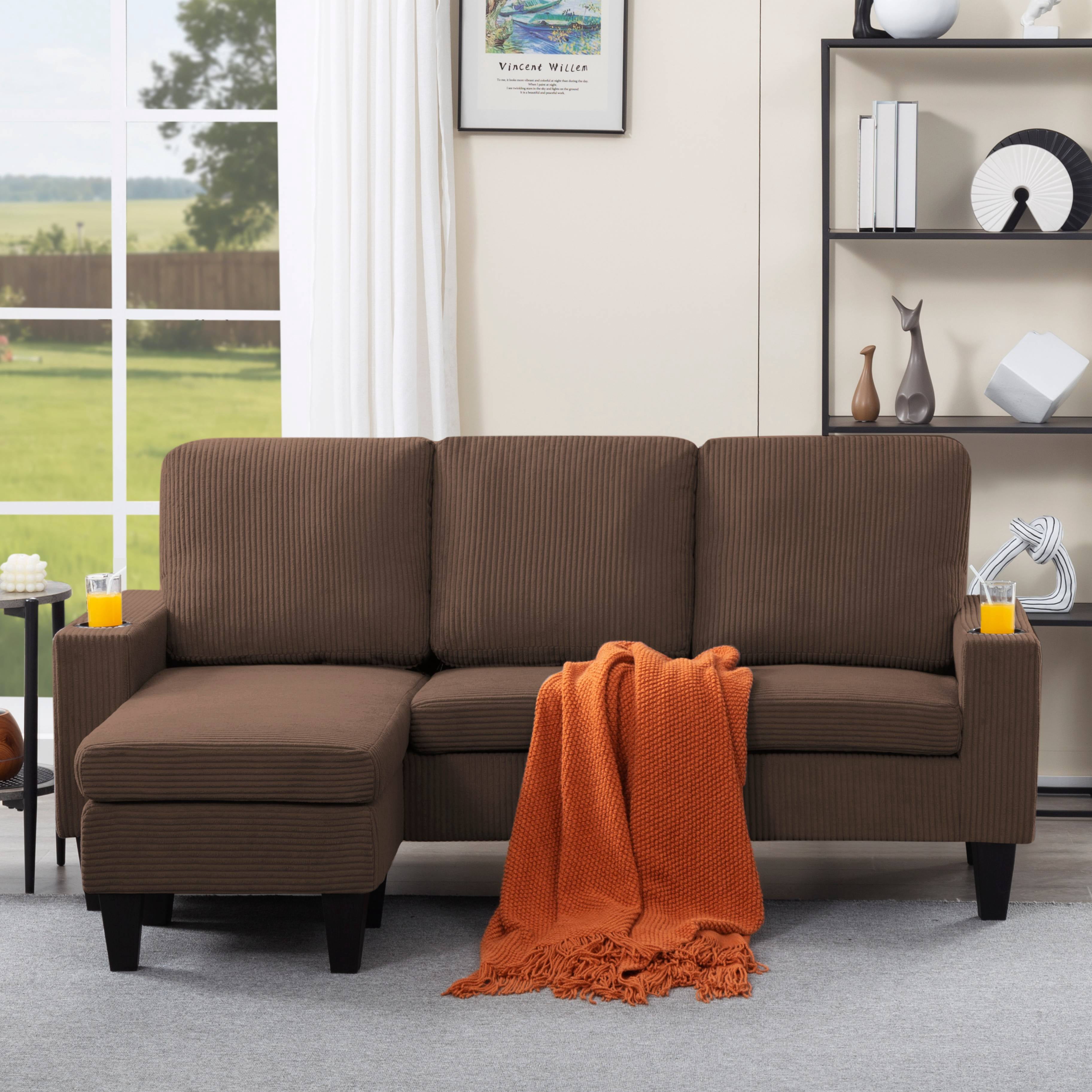 BSHTI 69.88 inch Modern Style Sectional L-Shaped Sofa Couch, 3-seater Sofa Couch with movable ottoman for Livingroom,Camel