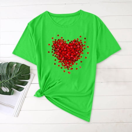Kctiaxy Women s T-Shirts Casual Round Neck Valentiness Women Blouses Fashion Love Printed Short Sleeve Tops for Summer