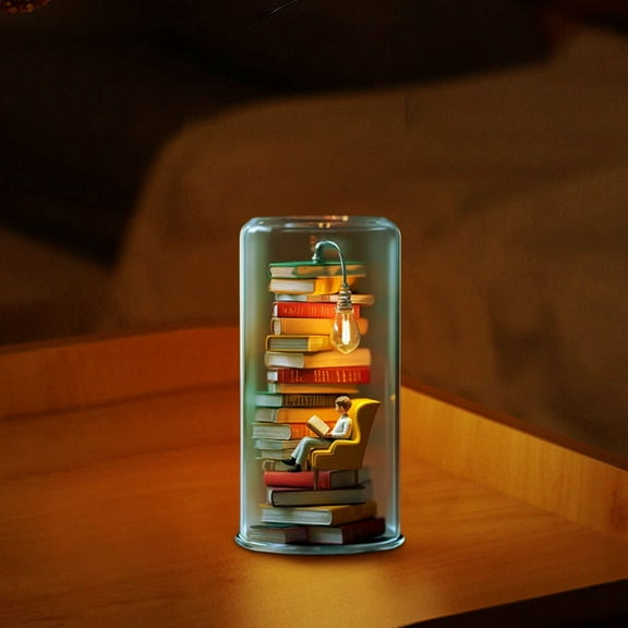 Book Lamp Book Lovers Gifts, LED Table Lamp with Glass Dome, Realistic Mini Reader Sculpture with Warm Light, Bookish Gifts for Women or Freinds & Unique Birthday Gifts