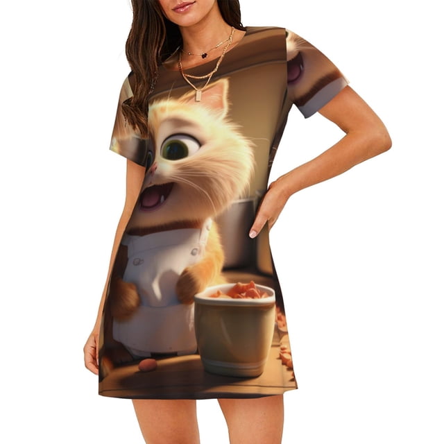 Fotbe Cartoon Cooking Cat Bata de Dormir para Mujer con Estampado, Camisón de Algodón de Manga Corta, Ropa de Dormir Casual