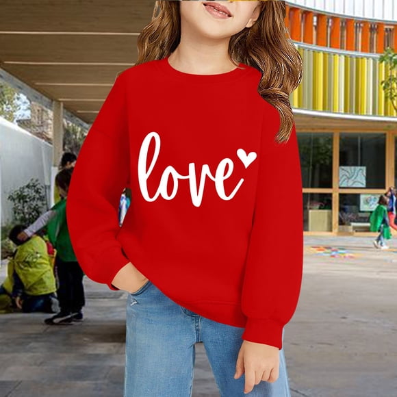 Chandail en Molleton Imprimé Cœur pour Filles, Coupe Ample Col Rond Manches Longues avec Design Amour, Chemise Décontractée en Coton Doux pour Filles Tout-Petits, Plusieurs Couleurs Disponibles pour Usage Quotidien Rouge