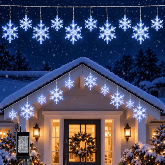 BeatiNeon 9ft Christmas Snowflake String Lights, 10 Pcs Blue & Cool White LED Snowfall Lights with Twinkle Effect, Connectable Indoor Outdoor Waterproof Holiday Decor for Eaves, Garden, Yard, Indoor