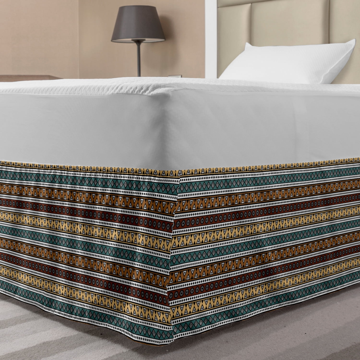 Boho Bed Skirt, Geometric Composition with Bullseye Circles Triangles