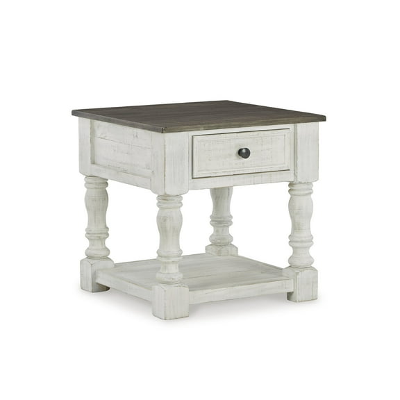 Signature Design by Ashley Havalance, White and Gray Distressed Two-Tone Farmhouse  End Table with 1 Drawer and Open Shelf