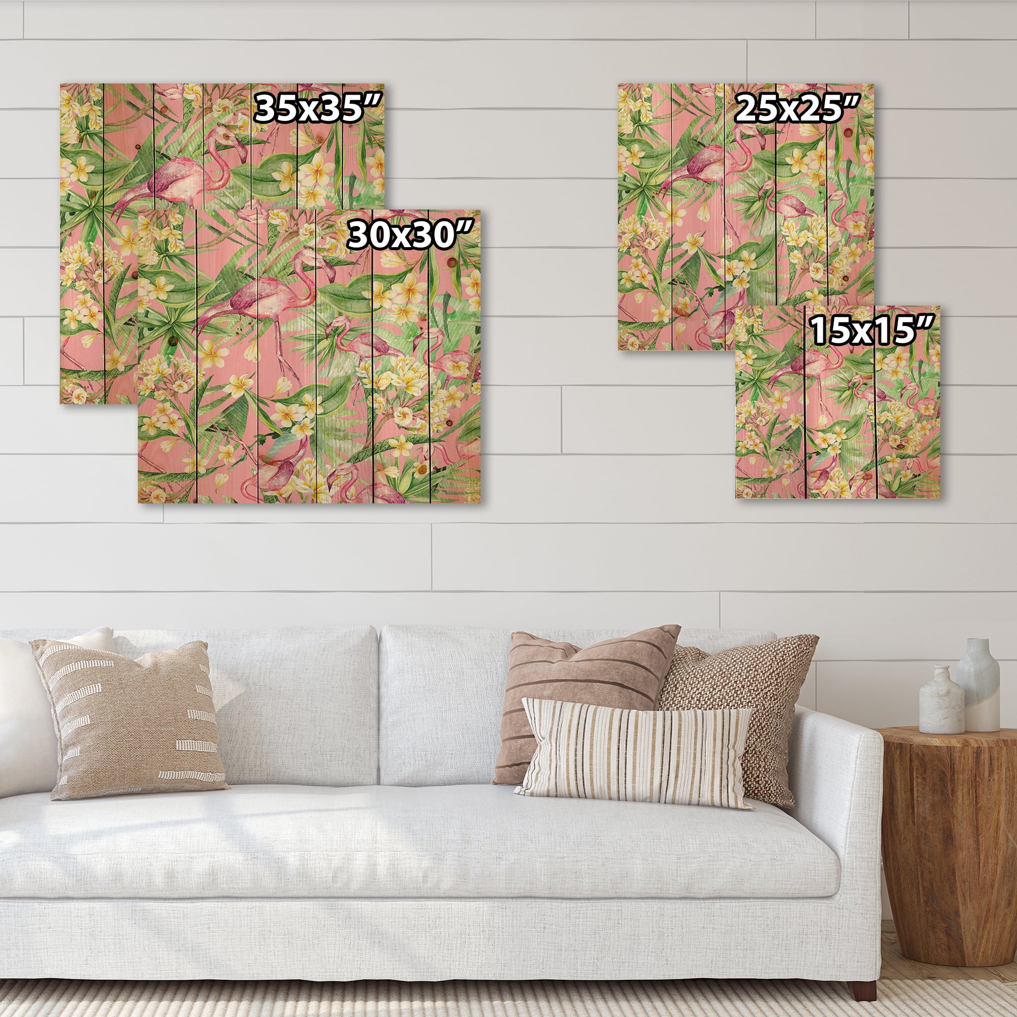 Designart 'Yellow Flowers, Tropical Foliage With Flamingo III' Modern Print on Natural Pine Wood