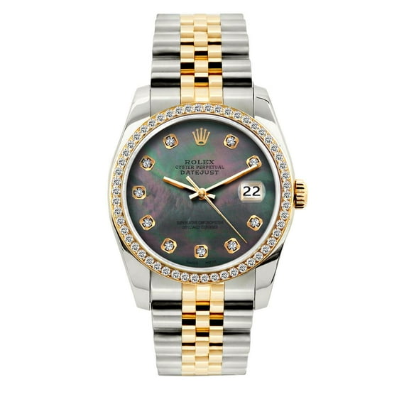 Pre-Owned Rolex Datejust Diamond Watch, 36mm, Yellow Gold and Stainless Steel Bracelet Black Mother of Pearl Dial w/ Diamond Bezel